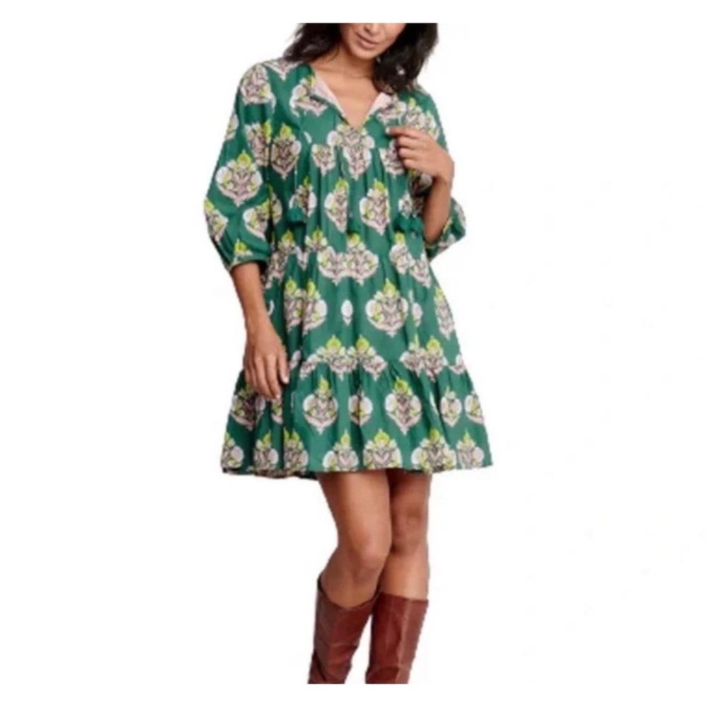 Pink Chicken Tiered Mini Dress Womens XS Green Floral‎ Block Print Cotton V-Neck